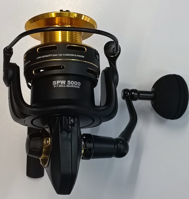 Carreto Barros Stout SPW 5000 vista frontal bobine alumínio dourada 9+1 rolamentos inox pesca jigging spinning