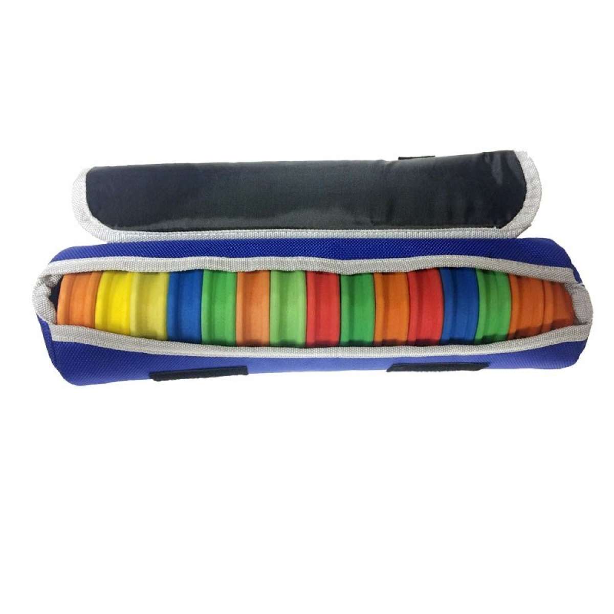 Estojo porta-baixos Yuki aberto mostrando 15 enroladores EVA multicolor (laranja, amarelo, azul, verde, vermelho) para organizar baixos de pesca, forro acolchoado azul