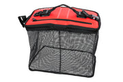 Saco Viveiro Hart Fishbowl 30L - vista superior com tampa vermelha HART, duplas fivelas pretas e corpo em rede mesh emborrachada aberto