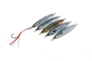 Jig Hart REAL-R 40g - grupo de 4 cores com perfil assimétrico slim tipo sardinha/cavala, acabamento holografico realista verde/azul/prateado, olho 3D vermelho/preto e anzól assist frontal com trança vermelha