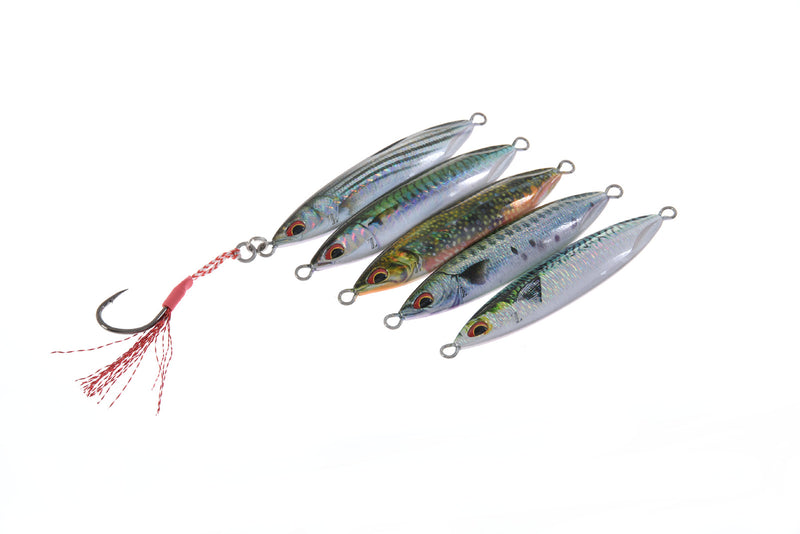 Jig Hart REAL-R 40g - grupo de 4 cores com perfil assimétrico slim tipo sardinha/cavala, acabamento holografico realista verde/azul/prateado, olho 3D vermelho/preto e anzól assist frontal com trança vermelha