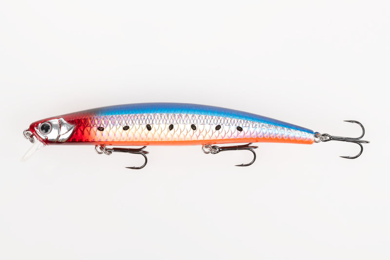 Minnow Hart Slam PX 118S Sinking - vista lateral direita 118mm vermelho/azul/laranja holografico com 3 anzóis triplos inox e escamas gravadas em relevo