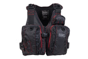 Colete Hart Oceanic Pro - vista frontal preto com costuras vermelhas, 4 bolsos frontais volumosos, fechos Vislon vermelhos e logo HART branco