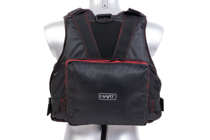 Colete Hart Oceanic Pro - vista traseira completa em manequim com bornal traseiro, alças ajustáveis e logo HART branco