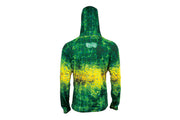Camisola Hart Tropic Hoodie - vista traseira padrão camuflagem aquática verde/amarelo com capuz e logo HART pequeno branco nas costas