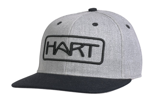 Boné Hart Style - corpo cinza mesclado com pala curva preta, logo HART bordado em relevo preto em caixa retangular e ilúos pretos de ventilação