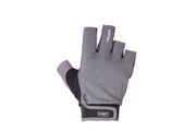 Luvas Hart HF Shore - vista dorso mão direita cinza com inscrição UPF50+ bordada a branco, dedos cortados half finger, logo HART em patch preto na base do pulso e punho em neoprene preto