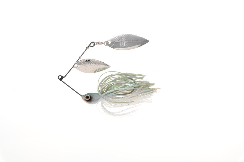 Spinnerbait Hart Titanium SPB 10g - cor WP (branco/amarelo-lima) com arame fino preto titânio, 2 colheres Willow prateada+dourada, cabeçote branco com olho vermelho/preto e saia silicone branco/amarelo-lima