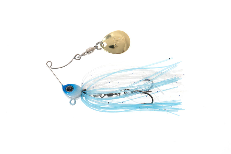 Hart Mini Max Spinnerbait - Cor 02 - cabeça azul com olho 3D preto, saia azul claro/branco com glitter e palheta dourada