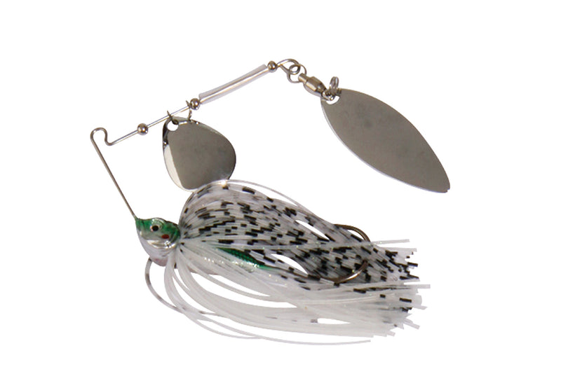 Hart SB Duster Spinnerbait - cor branco com palhetas prateadas Colorado + Willow, saia silicone branco puro e anzól haste longa