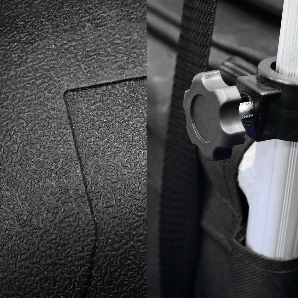 Yuki All-In Beach Trolley - Detalhes da pega ajustável e sistema de fixação com parafuso