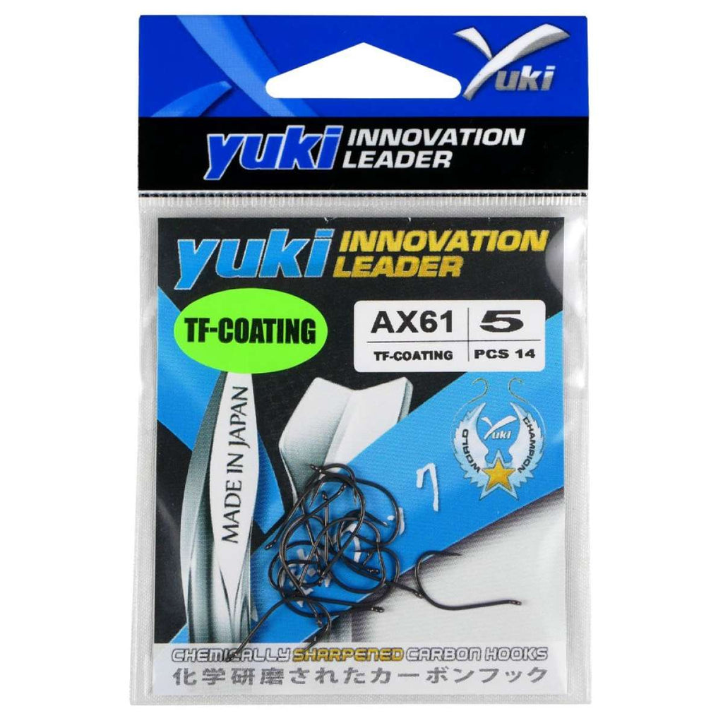 Anzol Yuki AX61 TF-Coating com revestimento especial, haste e ponta reta. Leve, fino e muito resistente. Ideal para competição e pesca técnica. Made in Japan.