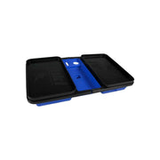Bandeja para iscas Yuki dobrável fechada com tampa deslizante preta, corpo azul com compartimentos, parafuso de fixação 100% plástico anti-corrosão, design compacto para surfcasting