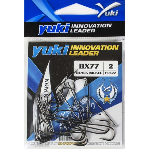 Anzol Yuki BX77 Black Nickel com haste longa sem argola. Forma arredondada ideal para pesca de fundo com minhocas, sardinha, choco e lulas. Made in Japan.
