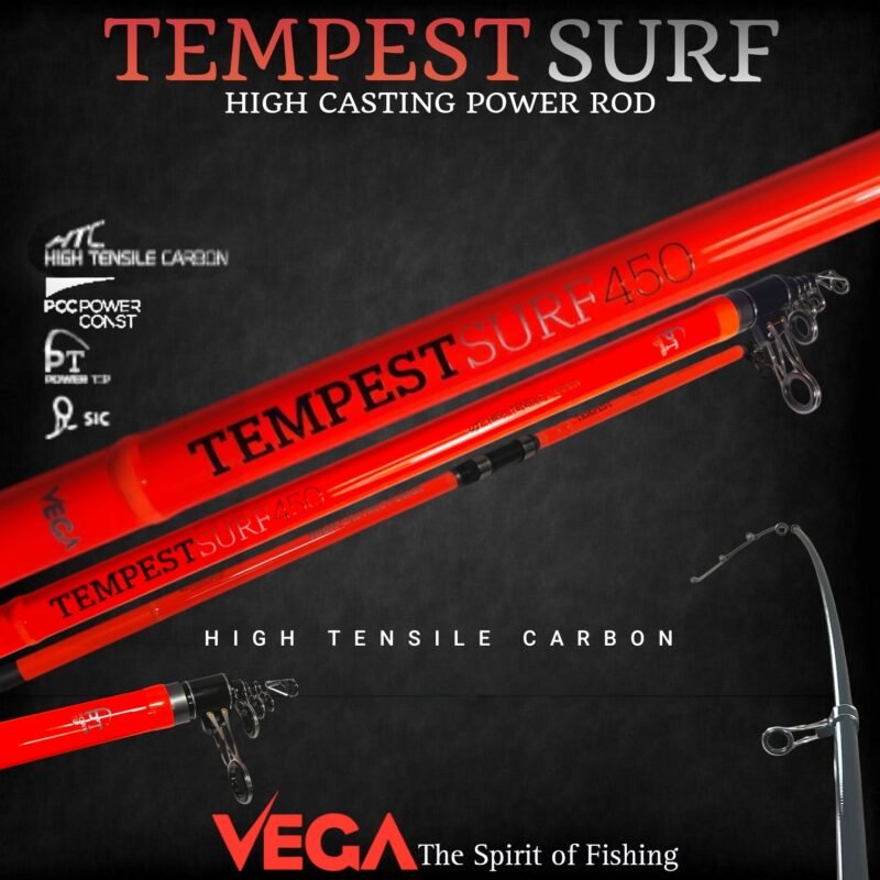 Cana Vega Tempest Surf 4.50m (Ação 100-250g / Carbono HTC / Telescópica) - Barracuda Pesca