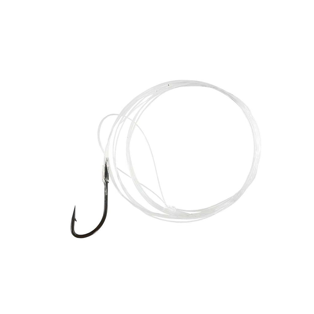 Anzol Yuki Chinu Black Nickel montado com linha fluorocarbono - detalhe do anzol de carbono
