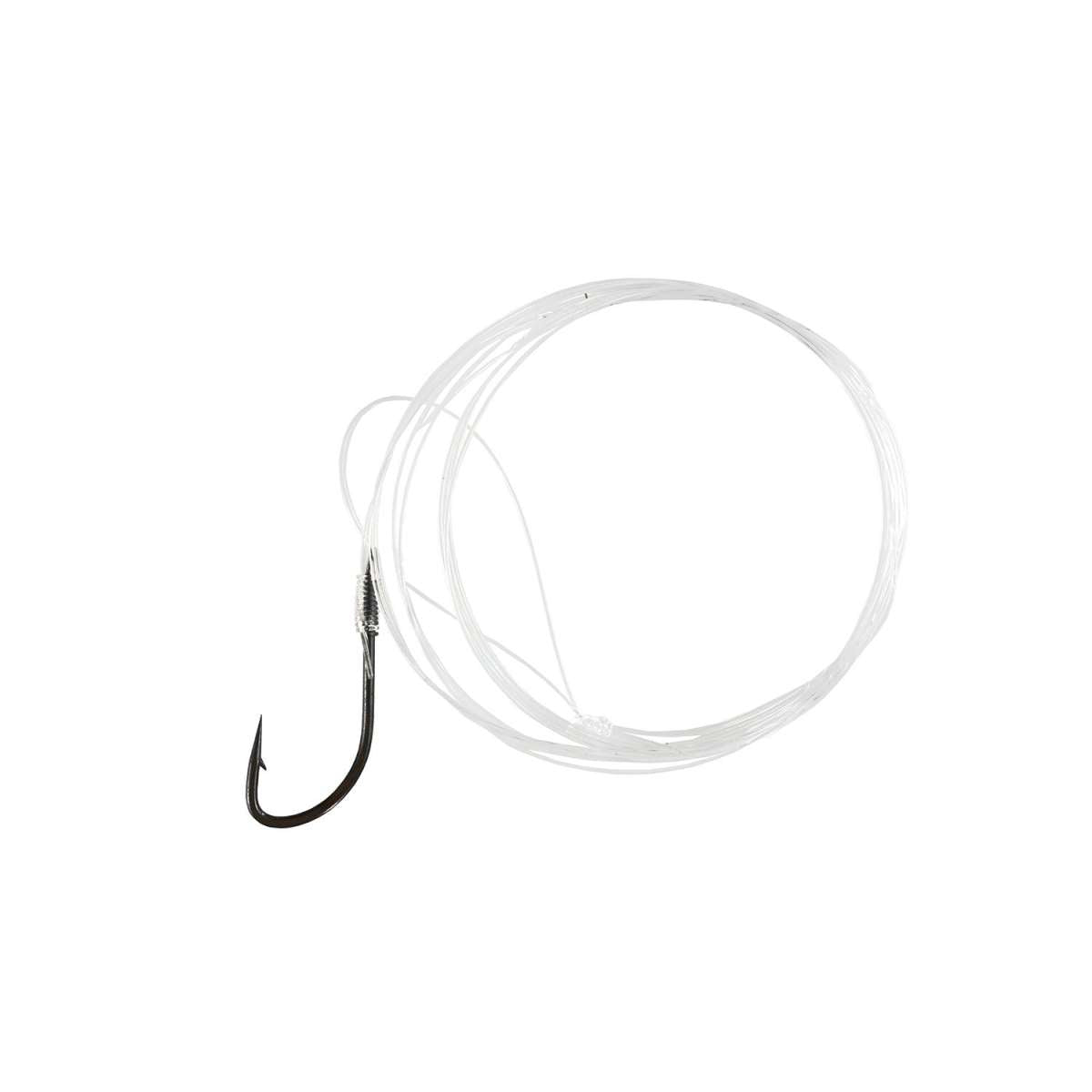 Anzol Yuki Chinu Black Nickel montado com linha fluorocarbono - detalhe do anzol de carbono
