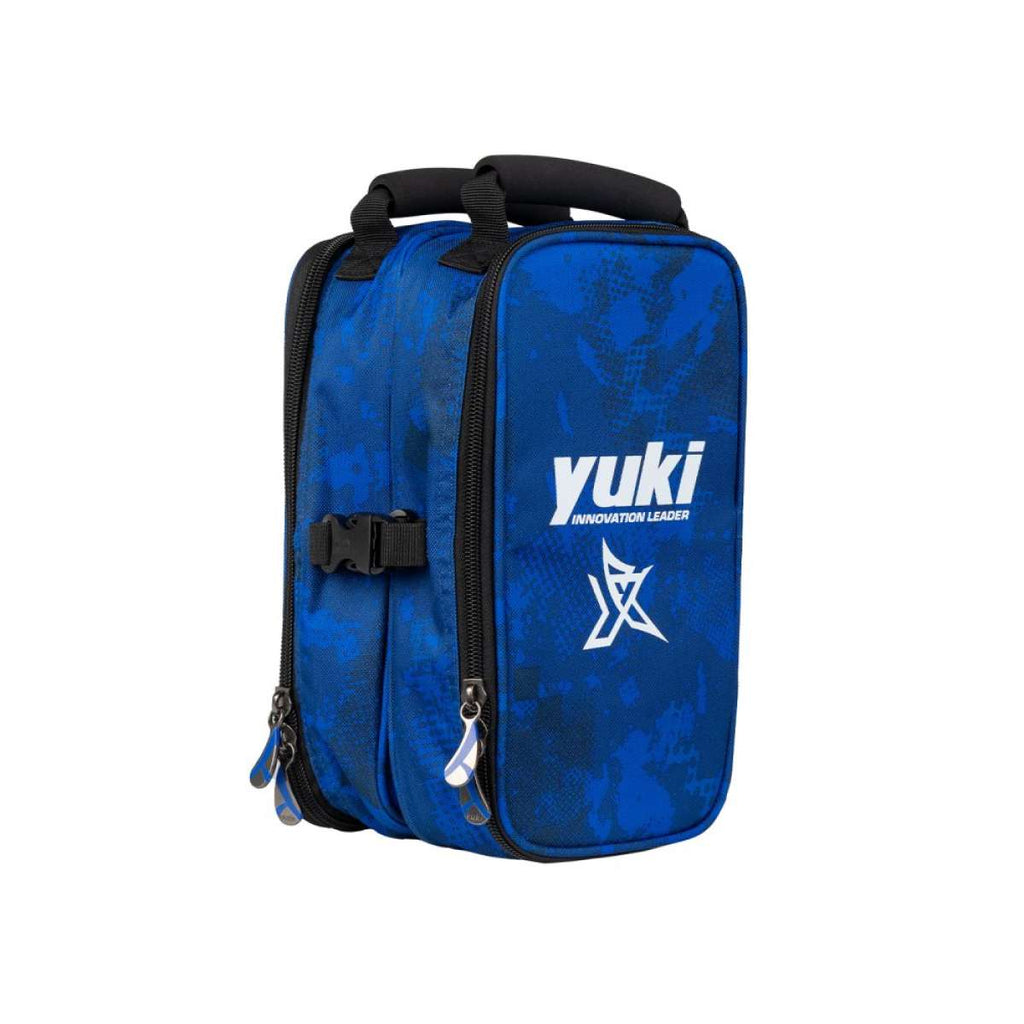 Estojo porta-bobines Yuki conectável azul e preto com 4 compartimentos ajustáveis para 8 bobines, compartimento central para carreto, pega acolchoada, sistema de fixação modular, tecido repelente à água, dimensões 17x29x8cm
