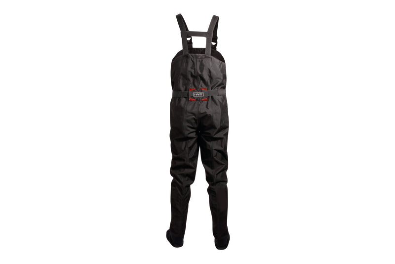 Vadeador Hart 25S Spinning - vista traseira preto com suspensórios ajustáveis cinza, cinto tático e logo HART nas costas