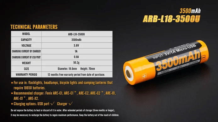 Fenix ARB-L18-3500U - Bateria Recarregável 18650 3500mAh USB - Barracuda Pesca