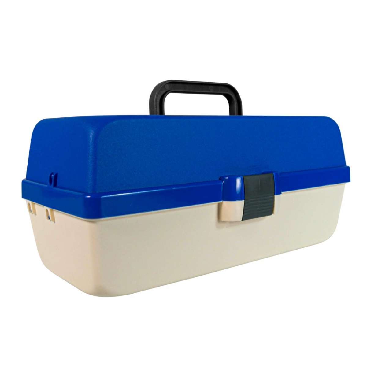 Caixa de pesca fechada vista lateral, tampa azul com fecho lateral de segurança, pega superior ergonómica, construção em plástico resistente, 335x153x148mm
