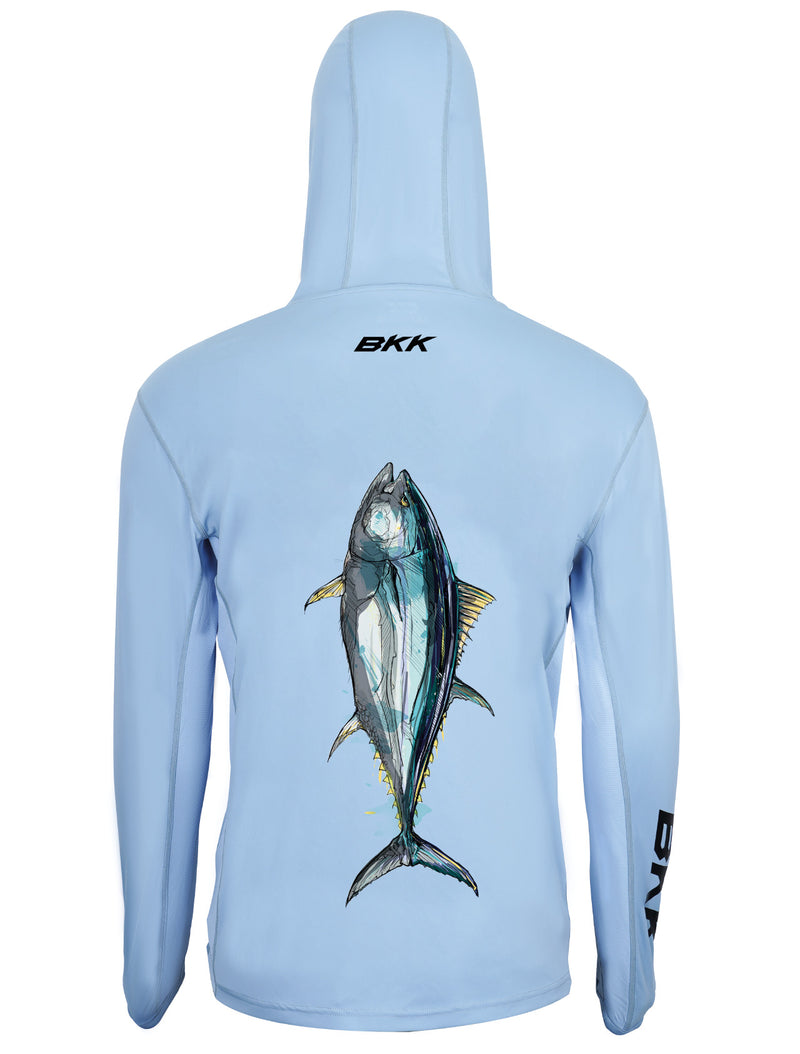 Camisola BKK Hooded Performance Shirt Tuna Light Blue – Vista Traseira com Grafismo Atum | Barracuda Pesca