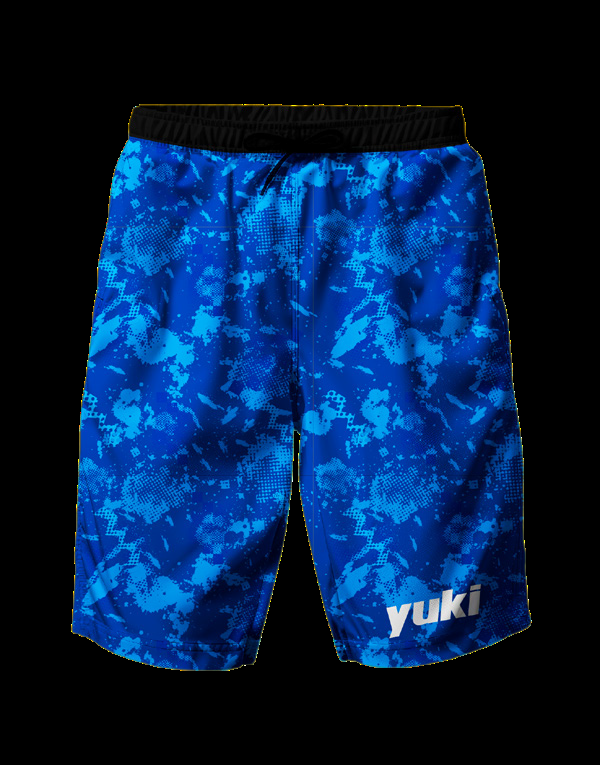 Yuki Exo Sun Set - Calções técnicos com padrão camuflado azul digital, cós elástico preto e logótipo Yuki
