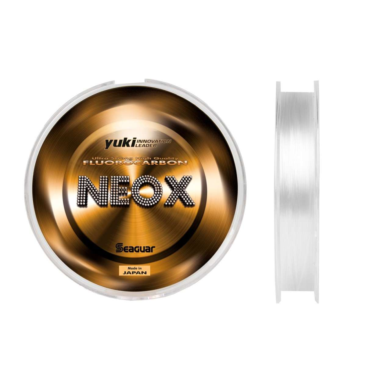 Yuki NEOX fluorocarbono 100% Seaguar mostrando design dourado premium com logo NEOX em destaque, parceria Yuki-Seaguar, Made in Japan
