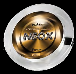 Yuki NEOX fluorocarbono 100% Seaguar mostrando design dourado premium com logo NEOX em destaque, parceria Yuki-Seaguar, Made in Japan

