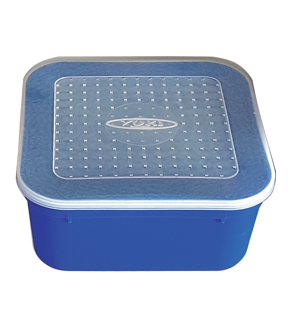 Yuki Bait Box azul com tampa transparente perfurada para ventilação de iscas vivas
