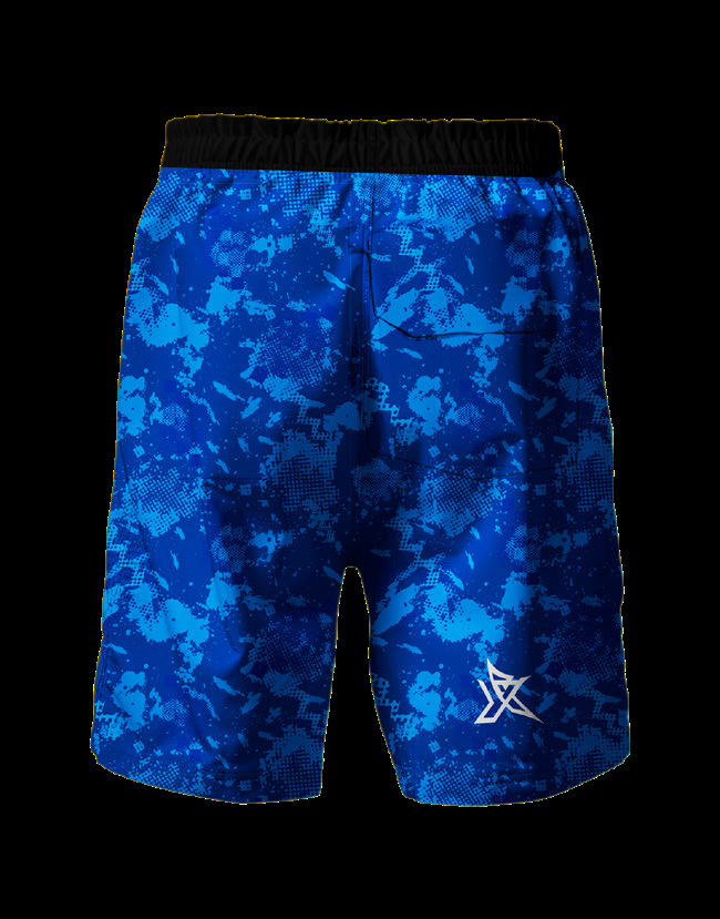 Yuki Exo Sun Set - Vista traseira dos calções camuflados azuis com logótipo estrela Yuki bordado
