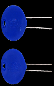 Agulha dupla de aço inoxidável Yuki - vista frontal mostrando design oval azul com duas pontas