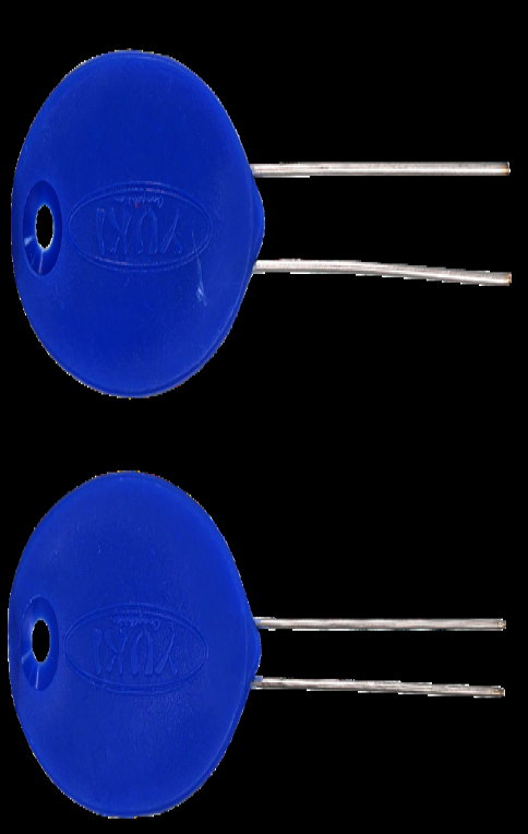 Agulha dupla de aço inoxidável Yuki - vista frontal mostrando design oval azul com duas pontas