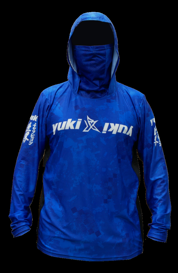 Yuki Exo Sun Set - T-shirt técnica azul royal com logótipo Yuki branco, capuz integrado e proteção facial removível
