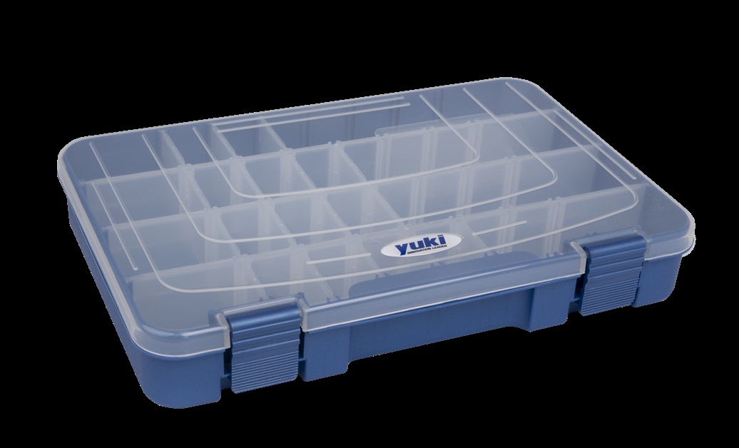 Yuki Tackle Box CP1 azul com tampa transparente, múltiplos compartimentos ajustáveis e 2 fechos de segurança - dimensões 280x185x50mm
