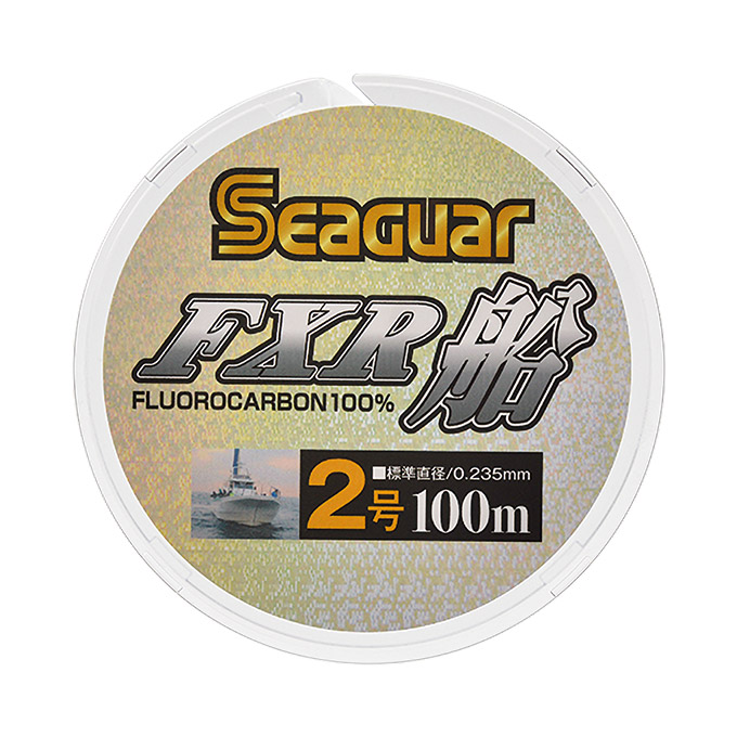 Seaguar FXR fluorocarbono 100% bobina branca com carretel holográfico iridescente mostrando especificações 2号 100m Ø0.235mm, soft to hard scale
