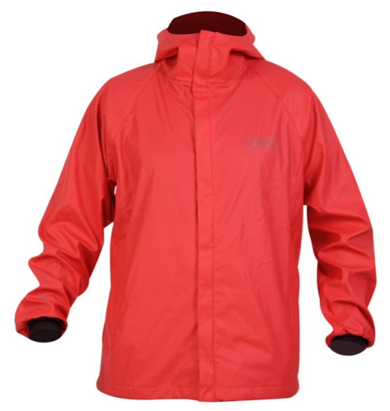Casaco Hart Ardora - vista frontal completa vermelho coral com capuz, aba protetora do fecho e corte relaxado