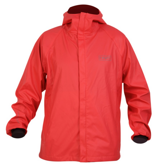 Casaco Hart Ardora - vista frontal completa vermelho coral com capuz, aba protetora do fecho e corte relaxado