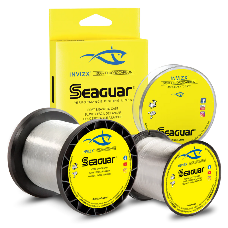 Linha fluorocarbono Seaguar InvizX 100% premium 200m transparente, memória extremamente baixa, macia e fácil de lançar, virtualmente invisível debaixo de água, sensibilidade excecional para água doce e salgada
