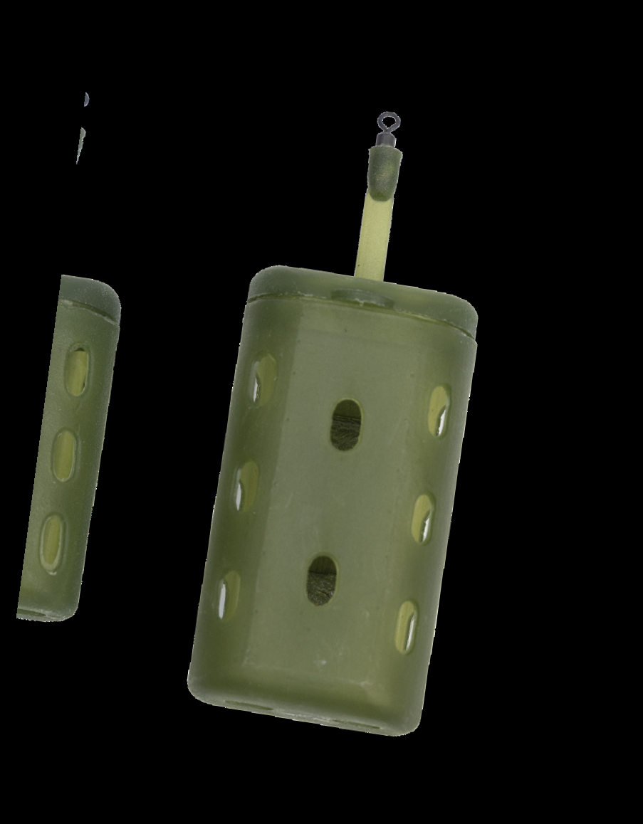 Feeder plástico rígido verde translúcido com perfurações - vista de componentes separados e montado