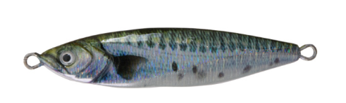 Jig Hart REAL-R 40g - vista lateral individual cor sardinha azul/cinza com manchas escuras, perfil assimétrico slim e argolas inox nas duas extremidades