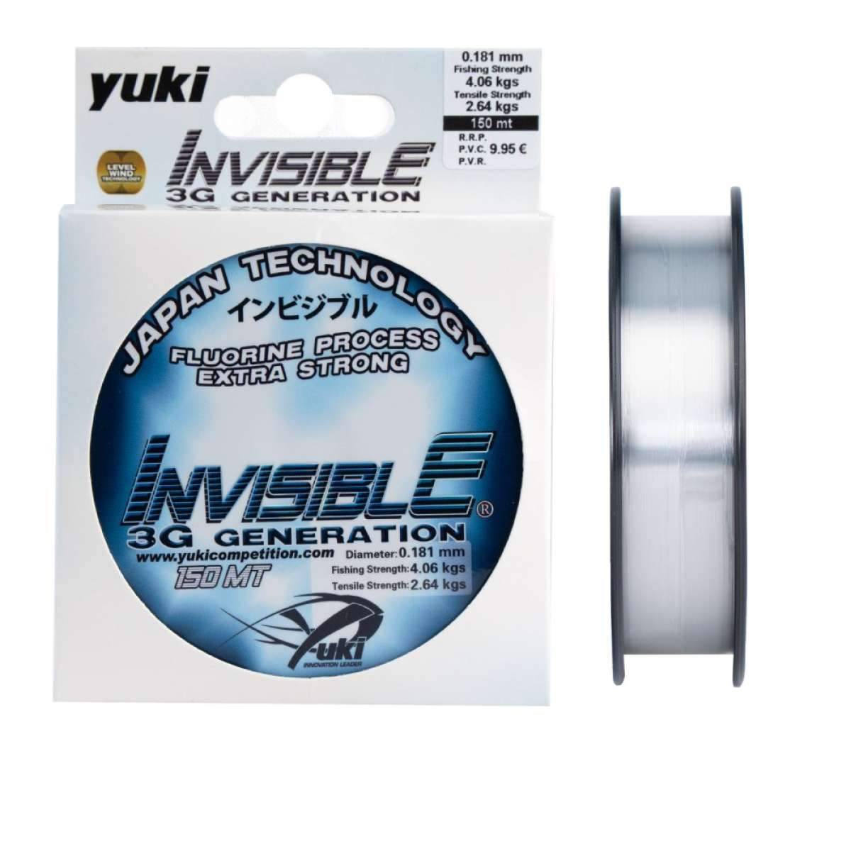 Yuki Invisible 100m mostrando 5 diâmetros disponíveis: 0.60mm, 0.70mm, 0.80mm, 0.90mm e 1.00mm com respetivas referências.
