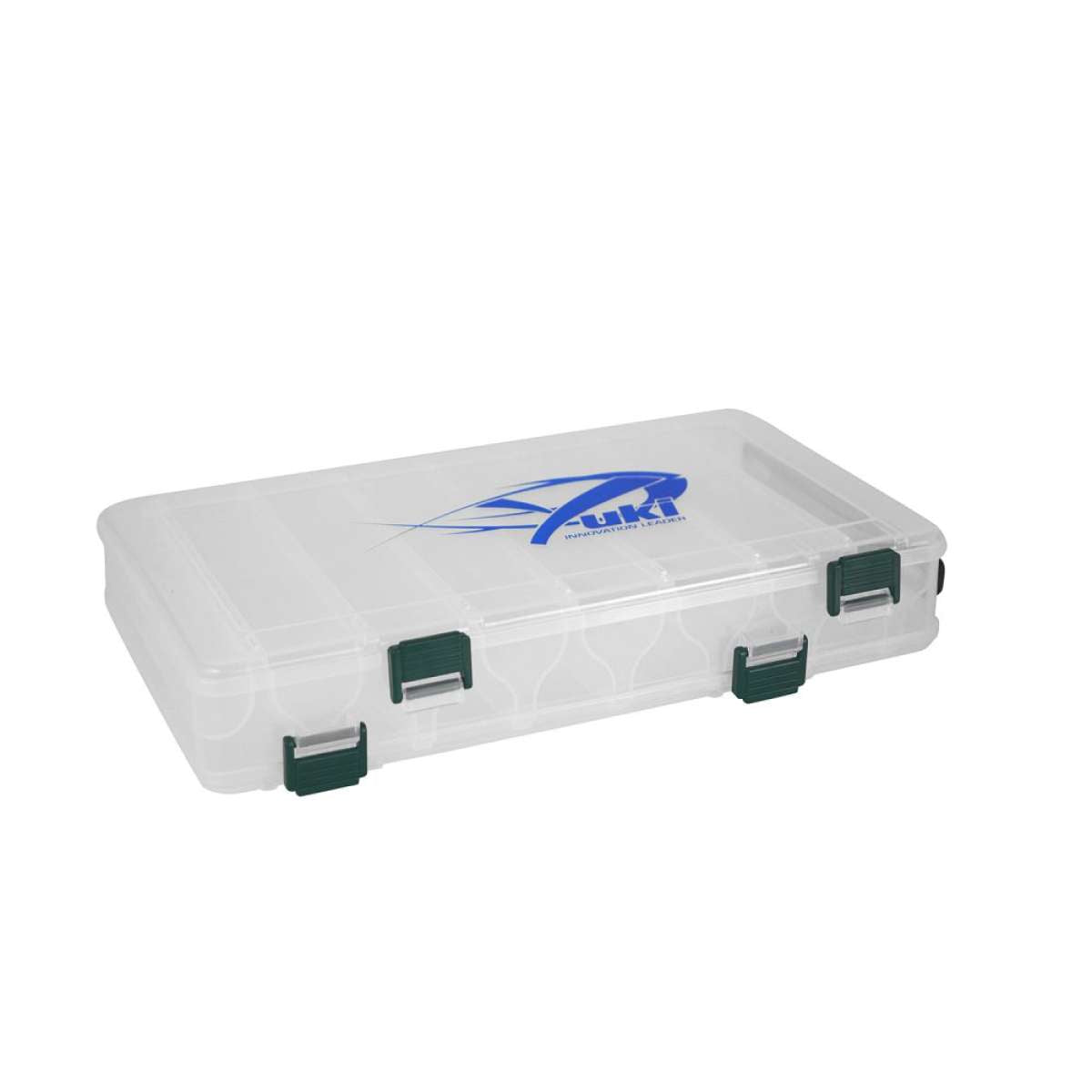 Yuki Lure Box JS-BPC transparente com logótipo azul, 4 fechos verdes de segurança e pega de transporte - dimensões 177x170x48mm
