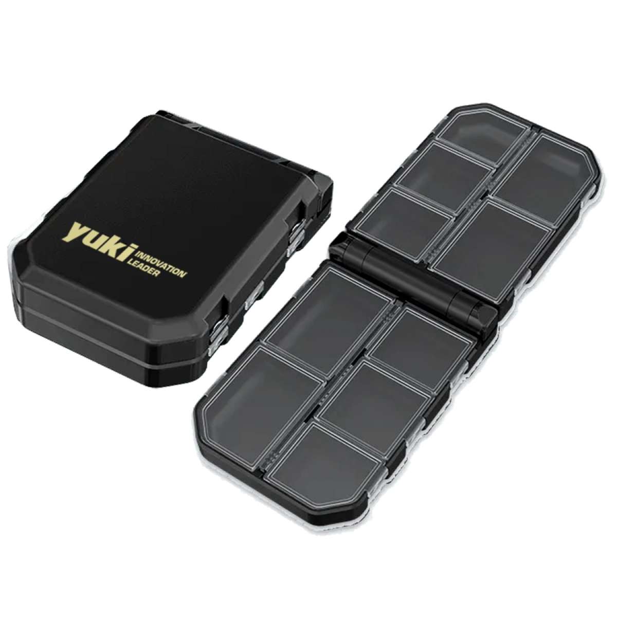Caixa multitackle Yuki Lux preta dupla face com logo dourado Innovation Leader, 10 compartimentos de diferentes tamanhos, polipropileno impermeável, clips laterais de fecho seguro, dimensões 11x7.4x3.1cm, peso 80.9g
