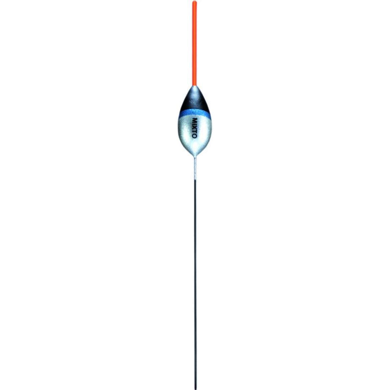 Mixto - Boia técnica para competição com corpo prateado, azul e preto, antena laranja e quilha em fibra de carbono