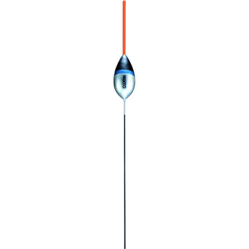 Mixto - Boia técnica para competição com corpo prateado, azul e preto, antena laranja e quilha em fibra de carbono