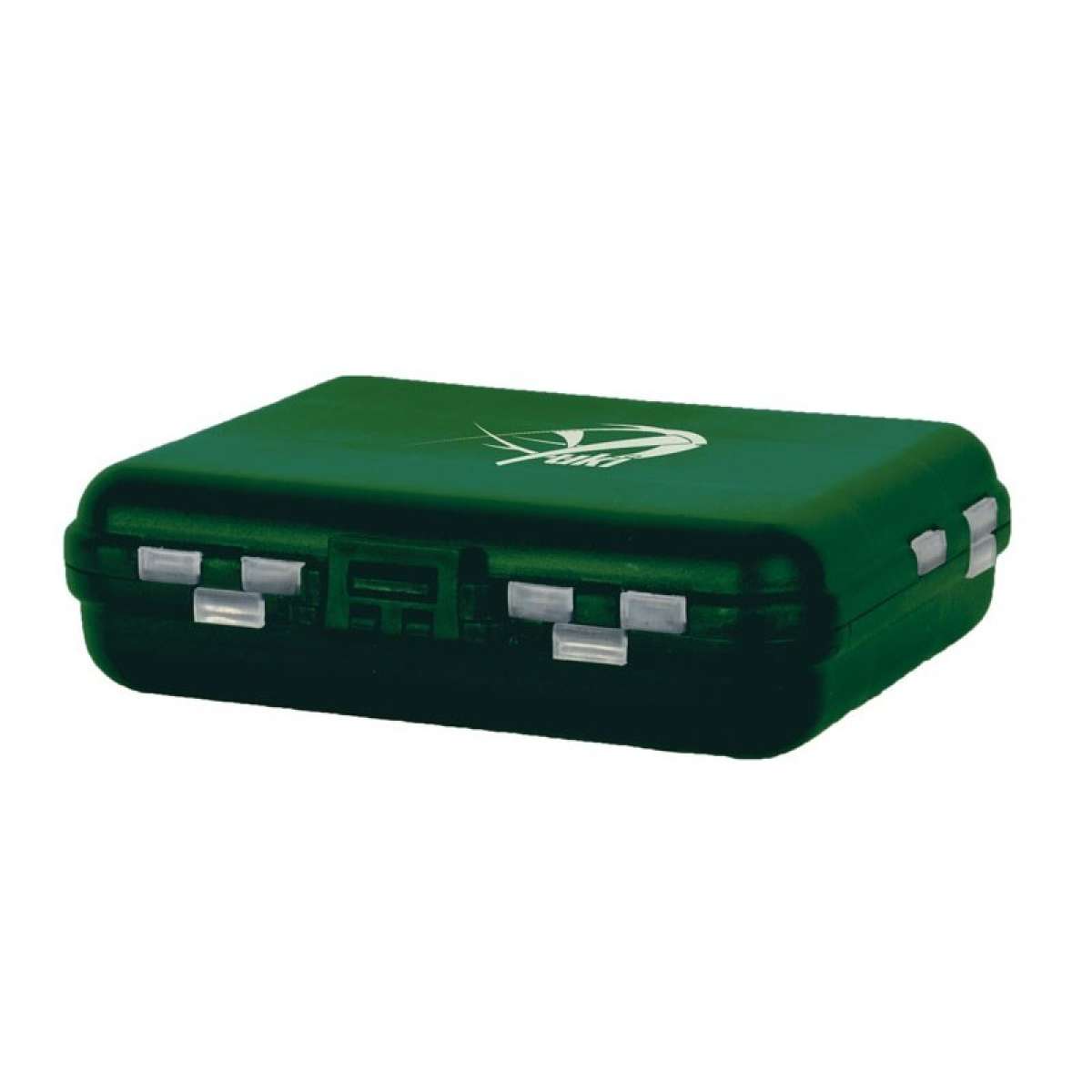 Caixa impermeável multicompartimentos verde com logo Yuki branco, fecho de segurança lateral transparente, dimensões 122x105x34mm, ideal para organização de anzóis, emerilhões, chumbos e pequenas iscas artificiais
