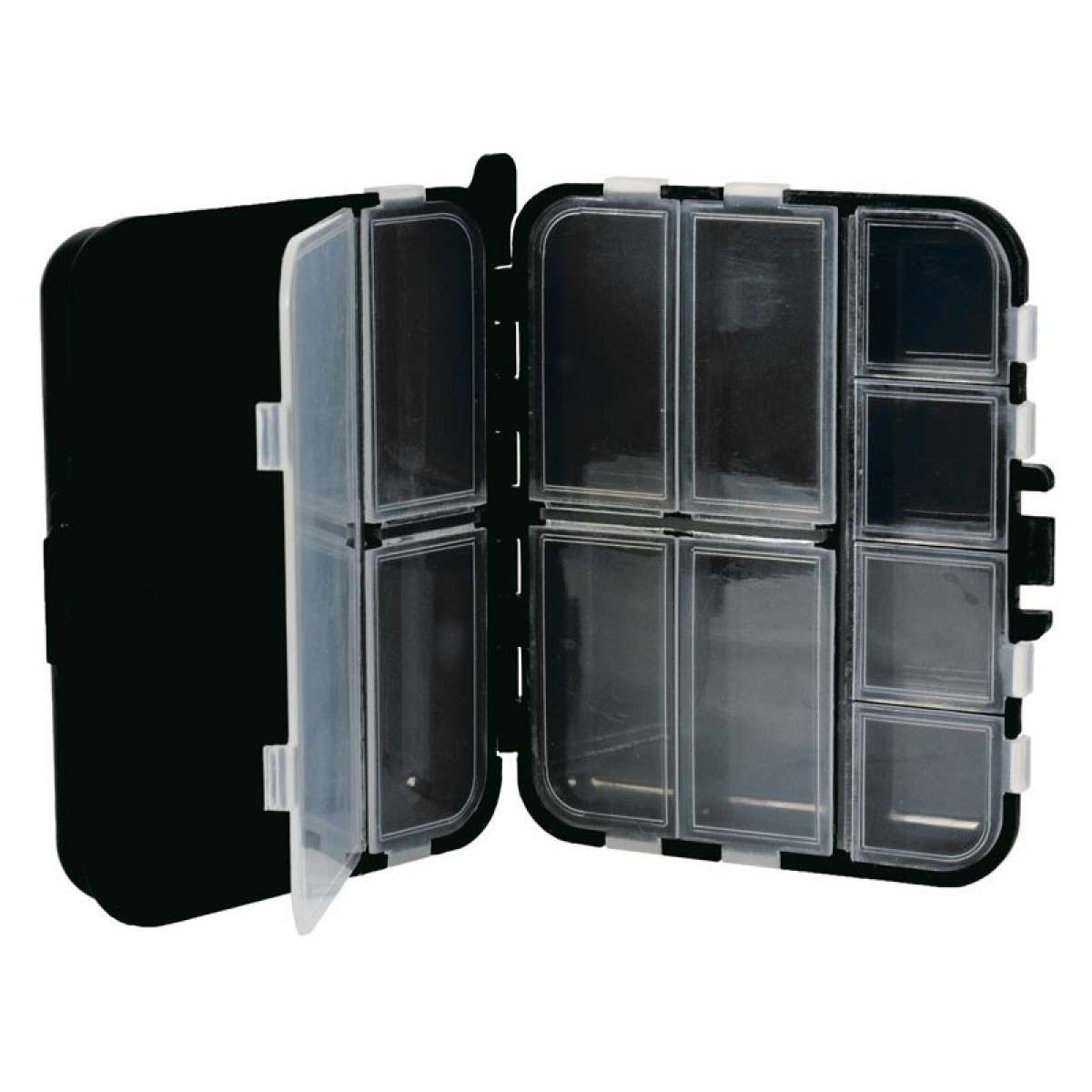Caixa impermeável multicompartimentos aberta mostrando tampa preta com múltiplos compartimentos transparentes de diferentes tamanhos, base preta espaçosa, sistema de organização para pequenos acessórios de pesca
