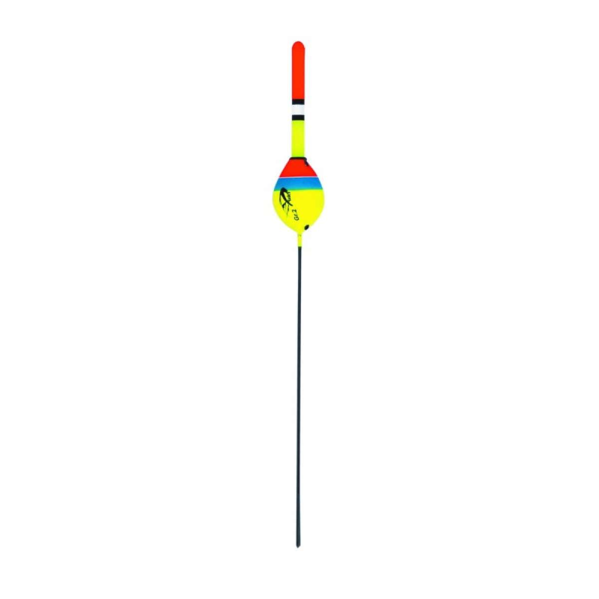 Yuki Pierre - Boia para competição e pesca de tainhas com corpo amarelo, vermelho e azul, antena laranja e quilha em fibra de carbono