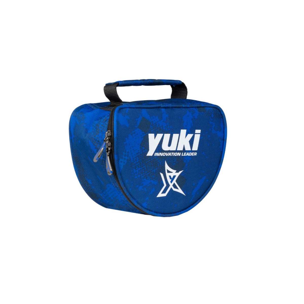 Bolsa para carretos Yuki azul em material reforçado com pega superior acolchoada, logo branco Innovation Leader, interior acolchoado anti-choque, dimensões 20x11x17cm, capacidade para 1-2 carretos spinning ou 1 carreto surfcasting